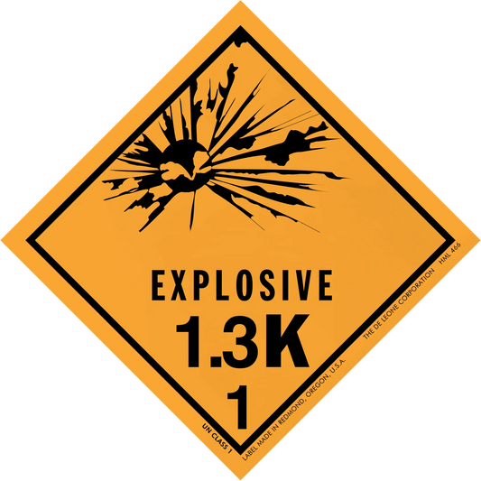 Diamond-shaped orange hazard warning sign for explosive material class 1.3K.