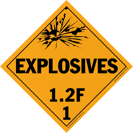 Diamond-shaped orange warning sign for explosives with classification 1.2F.