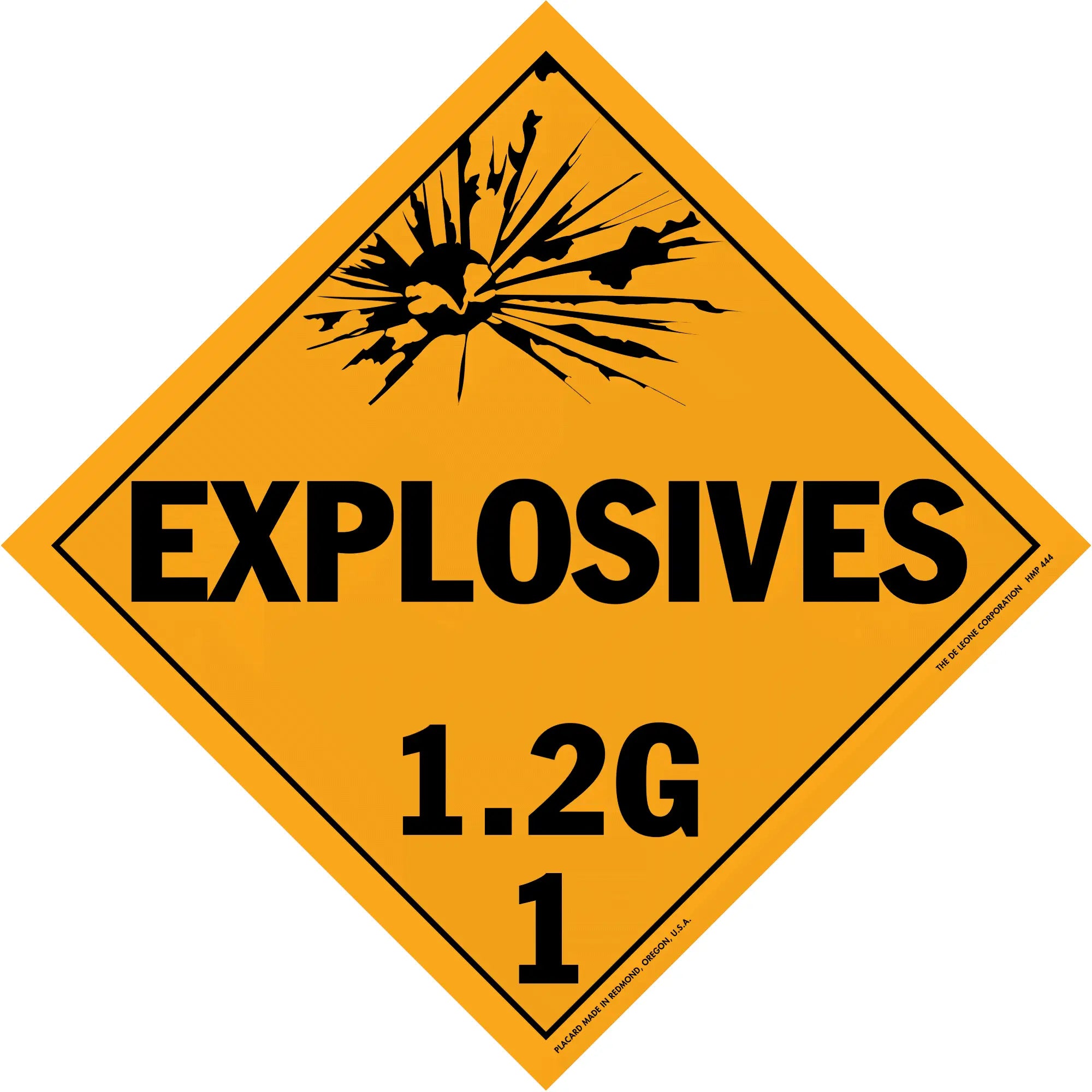 Diamond-shaped orange warning sign for explosives class 1.2G hazardous materials.