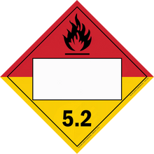 Hazardous material warning placard for Division 5.2 organic peroxides with flame symbol.