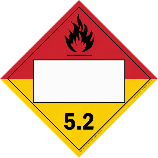 Hazardous material warning placard for Division 5.2 organic peroxides with flame symbol.