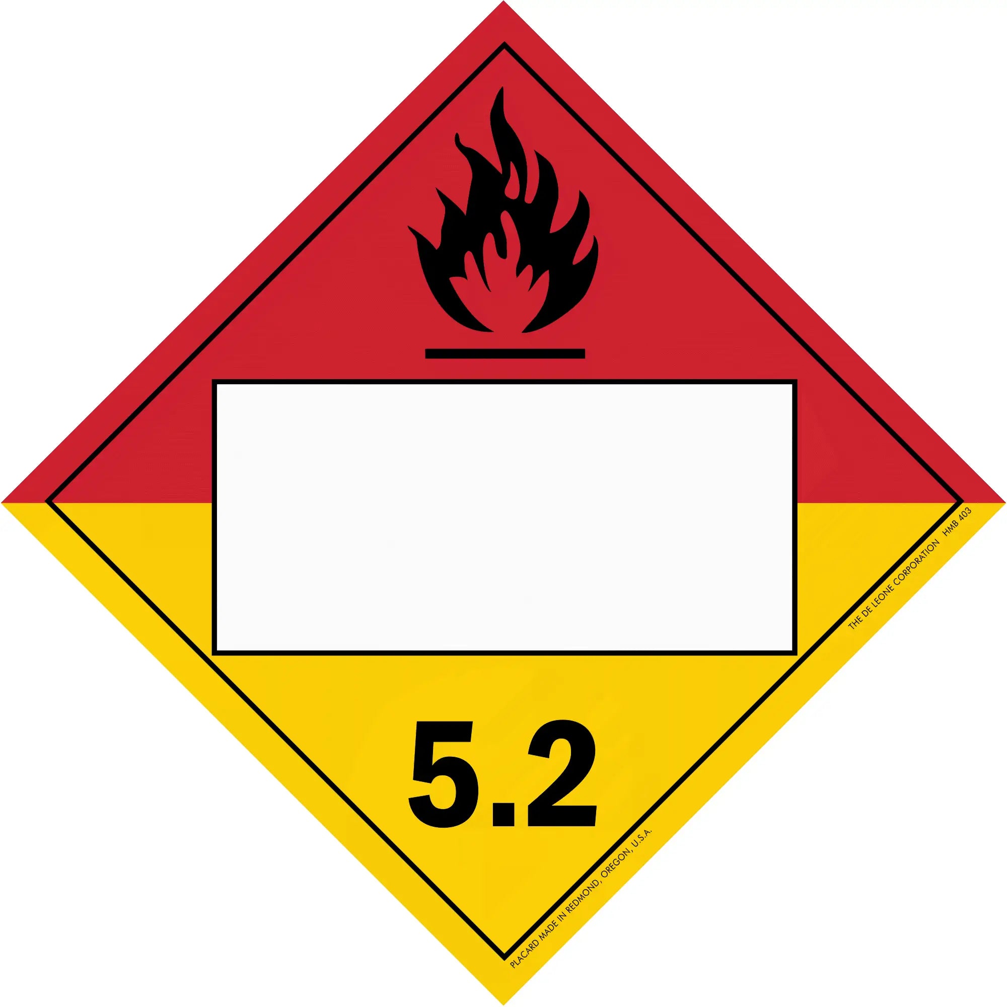 Hazardous material warning placard for Division 5.2 organic peroxides with flame symbol.