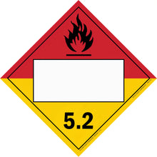 Hazardous material warning placard for Division 5.2 organic peroxides with flame symbol.