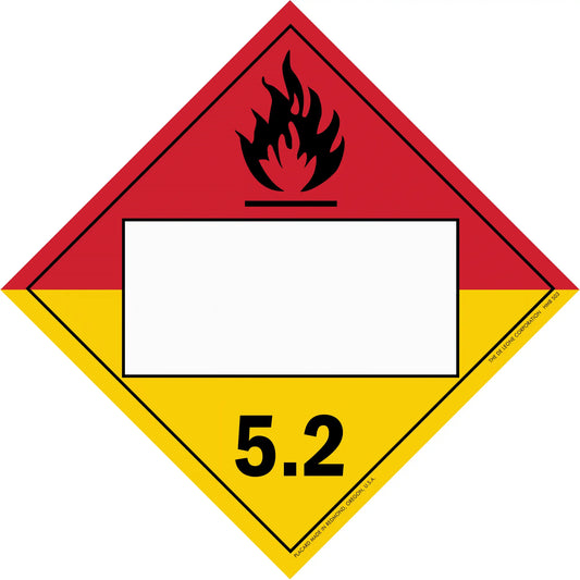 Hazardous material warning placard for class 5.2 organic peroxides with flame symbol.