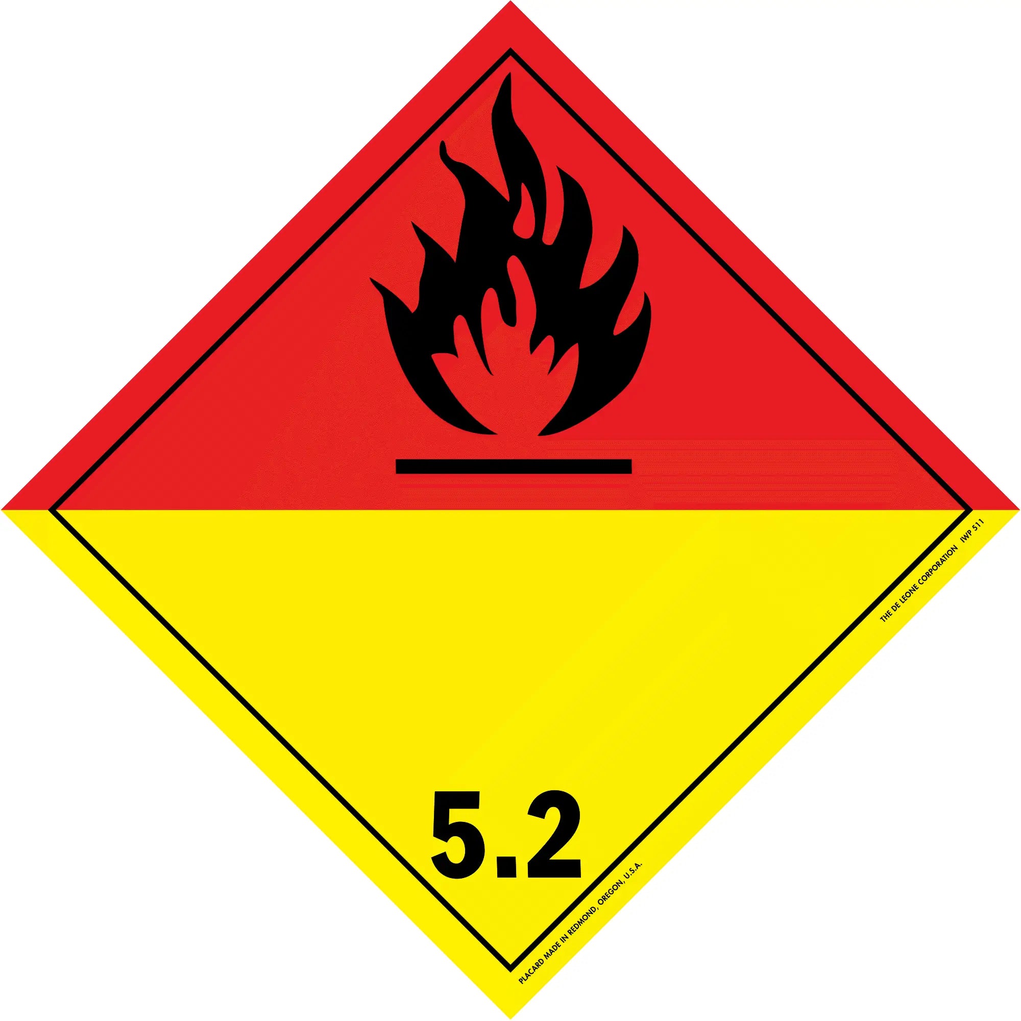 Hazardous material warning placard showing class 5.2 organic peroxide with flame symbol.