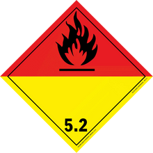 Hazardous material warning placard showing class 5.2 organic peroxide with flame symbol.