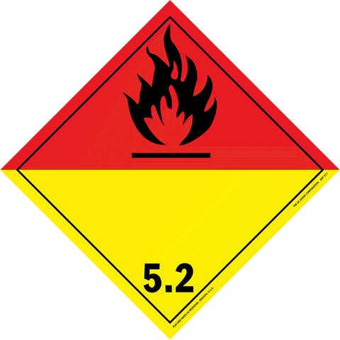 Hazardous material warning placard showing class 5.2 organic peroxide with flame symbol.