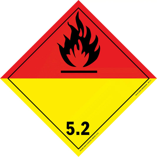 Hazardous material warning placard showing class 5.2 organic peroxide with flame symbol.