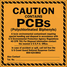 Orange and black warning sign about PCB hazards and handling requirements.