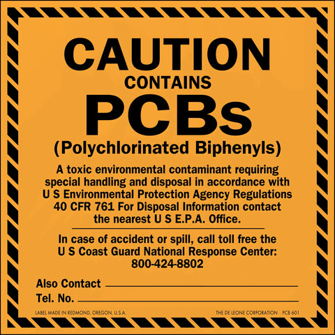 Orange and black warning sign about PCB hazards and handling requirements.