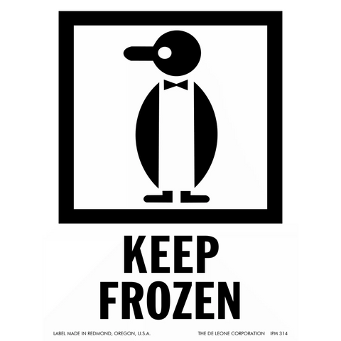 A stylized black penguin wearing a bow tie inside a square frame, with ’KEEP FROZEN’ text below.