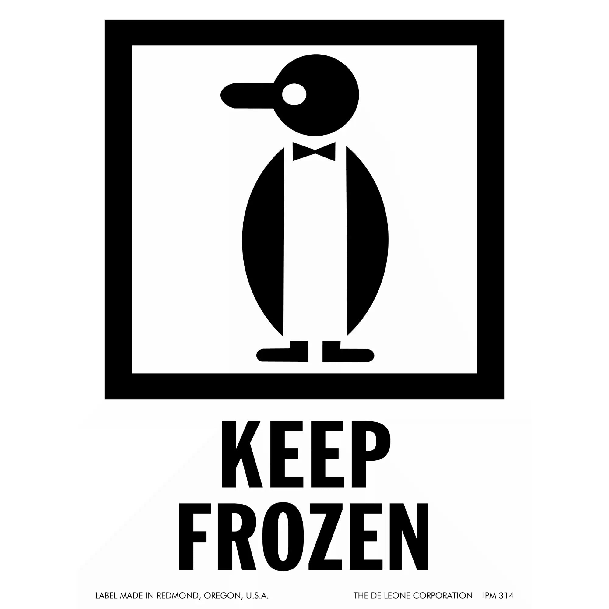 A stylized black penguin wearing a bow tie inside a square frame, with ’KEEP FROZEN’ text below.