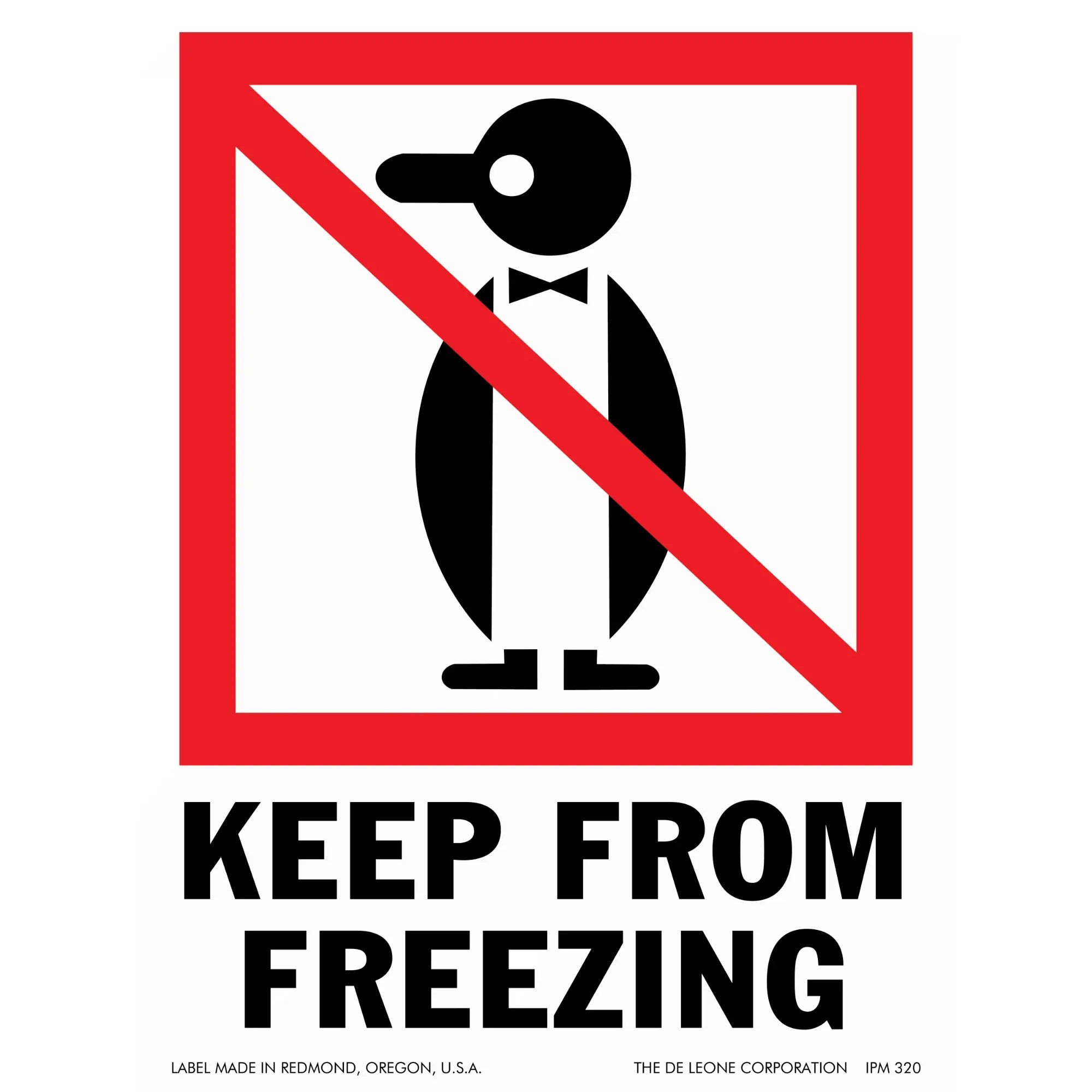 A warning sign showing a penguin with a bow tie inside a red and white prohibition symbol.