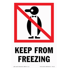 A warning sign showing a penguin icon with a red prohibition slash and text reading ’KEEP FROM FREEZING’