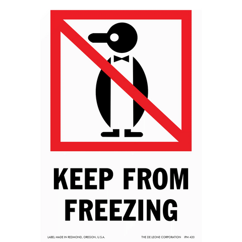 A warning sign showing a penguin icon with a red prohibition slash and text reading ’KEEP FROM FREEZING’