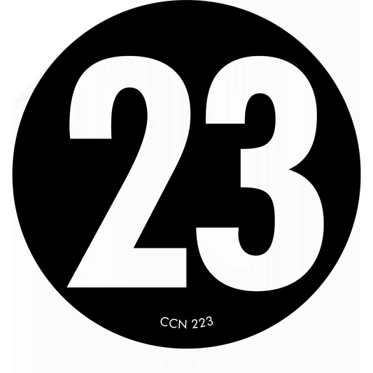 White number 23 in a black circle.