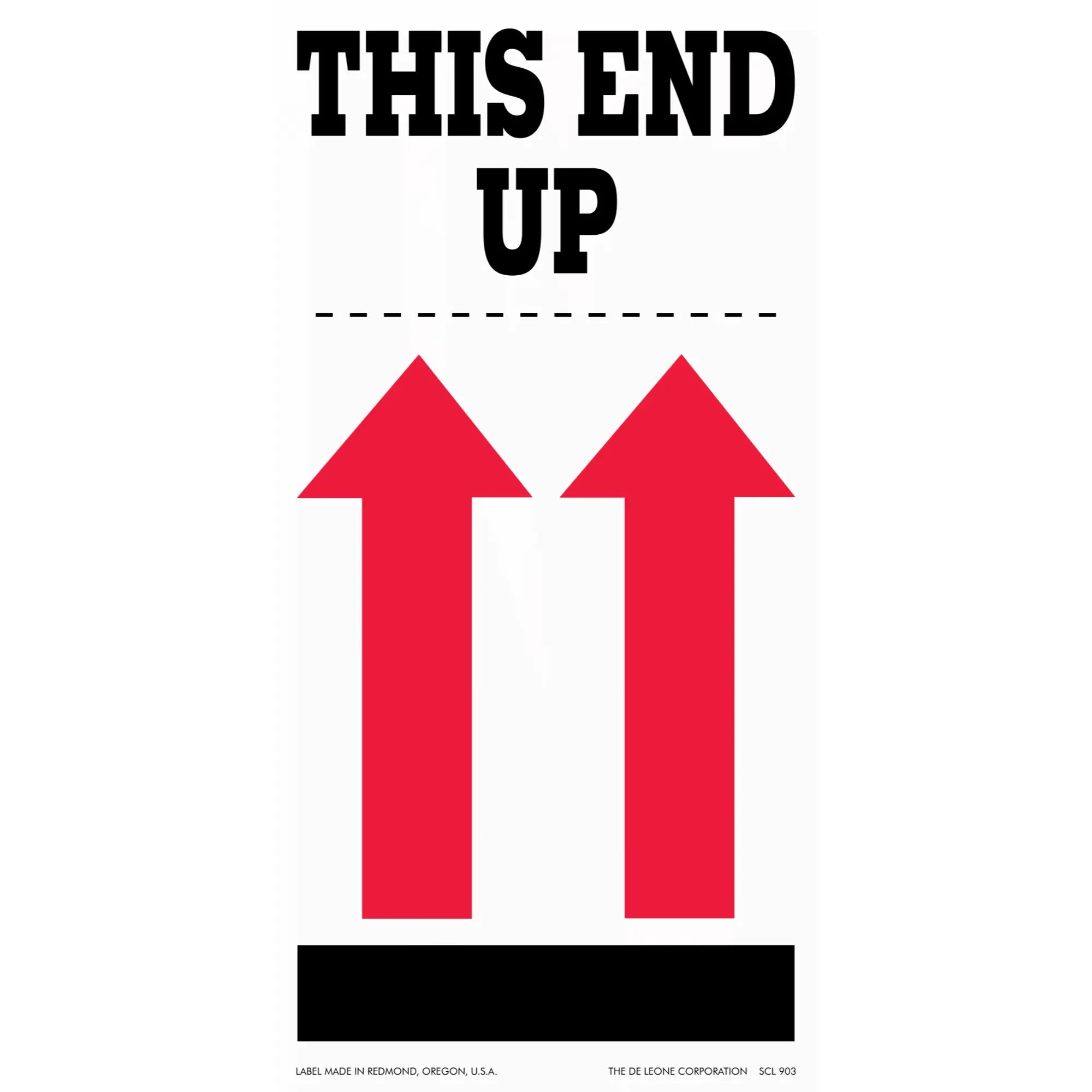 Simple shipping label with black text ’THIS END UP’ and two red upward-pointing arrows.