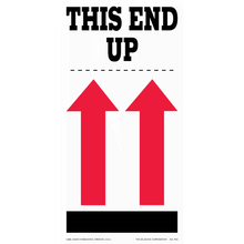 Simple shipping label with black text ’THIS END UP’ and two red upward-pointing arrows.