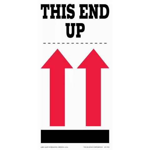 Simple shipping label with black text ’THIS END UP’ and two red upward-pointing arrows.