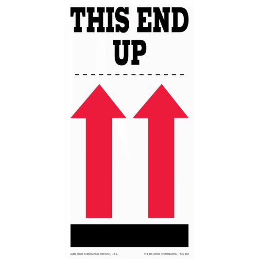 Simple shipping label with black text ’THIS END UP’ and two red upward-pointing arrows.