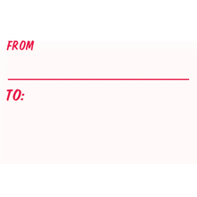 Simple gift tag template with ’FROM:’ and ’TO:’ text in pink lettering.