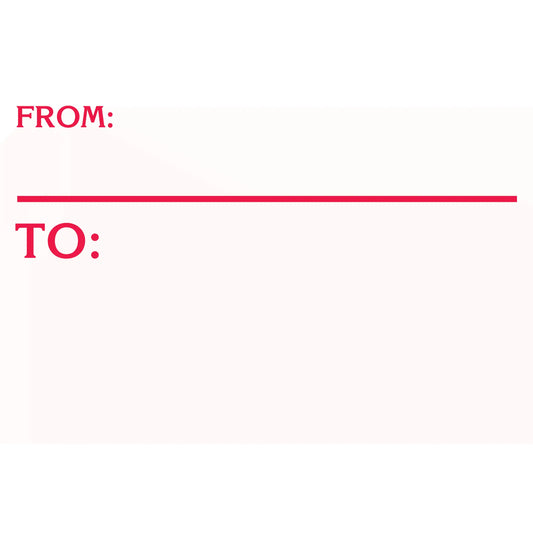 Simple gift tag with ’FROM:’ and ’TO:’ text in pink lettering.