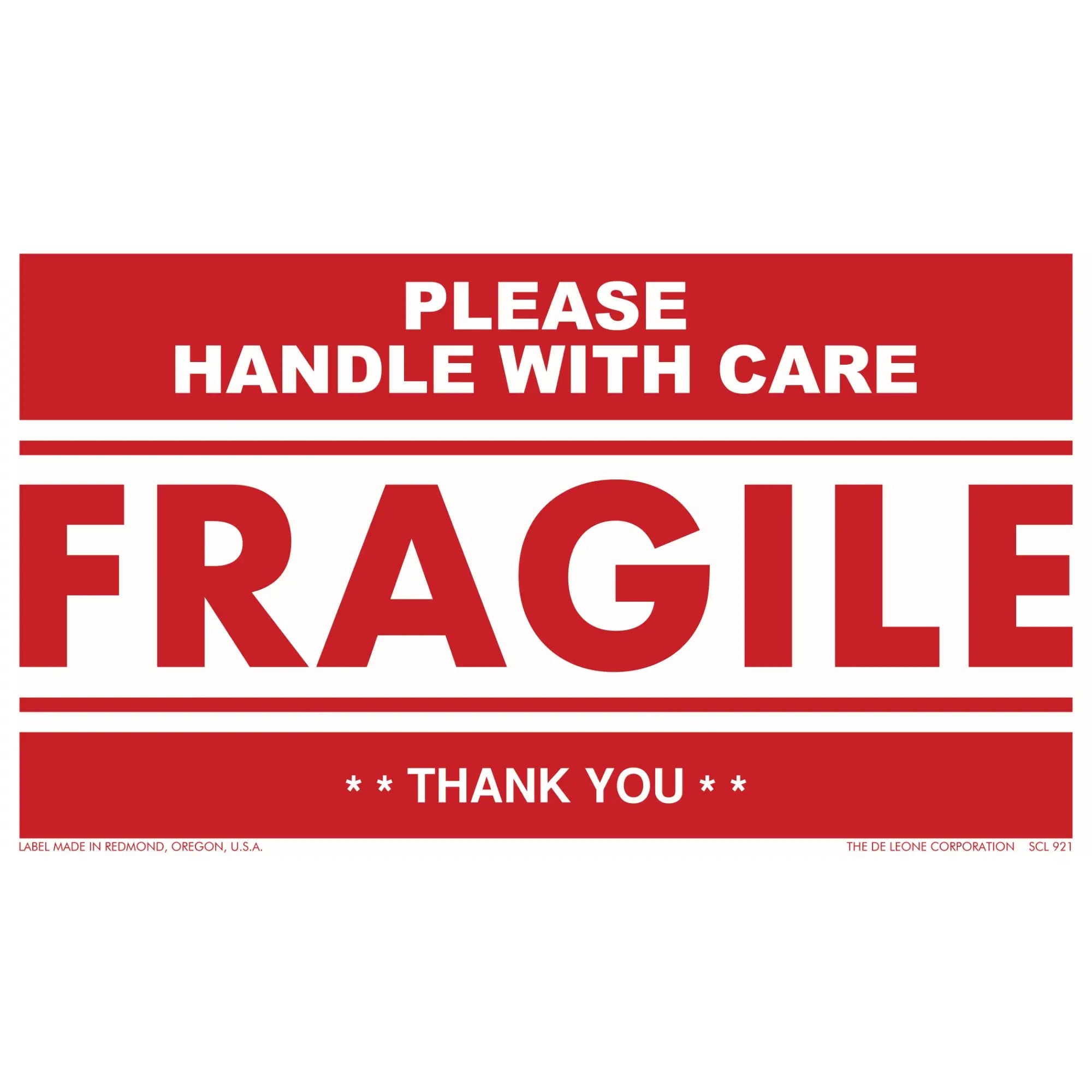 Red and white ’FRAGILE - PLEASE HANDLE WITH CARE’ shipping label.