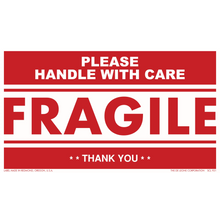 Red and white ’FRAGILE - PLEASE HANDLE WITH CARE’ shipping label.