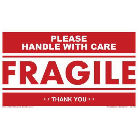 Red and white ’FRAGILE - PLEASE HANDLE WITH CARE’ shipping label.