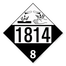 Black and white hazardous material placard with number 1814 and corrosive symbol showing hands being damaged.