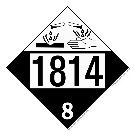 Black and white hazardous material placard with number 1814 and corrosive symbol showing hands being damaged.