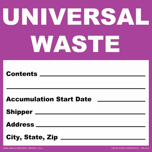 Purple and white hazardous waste label with blank fields for tracking information.