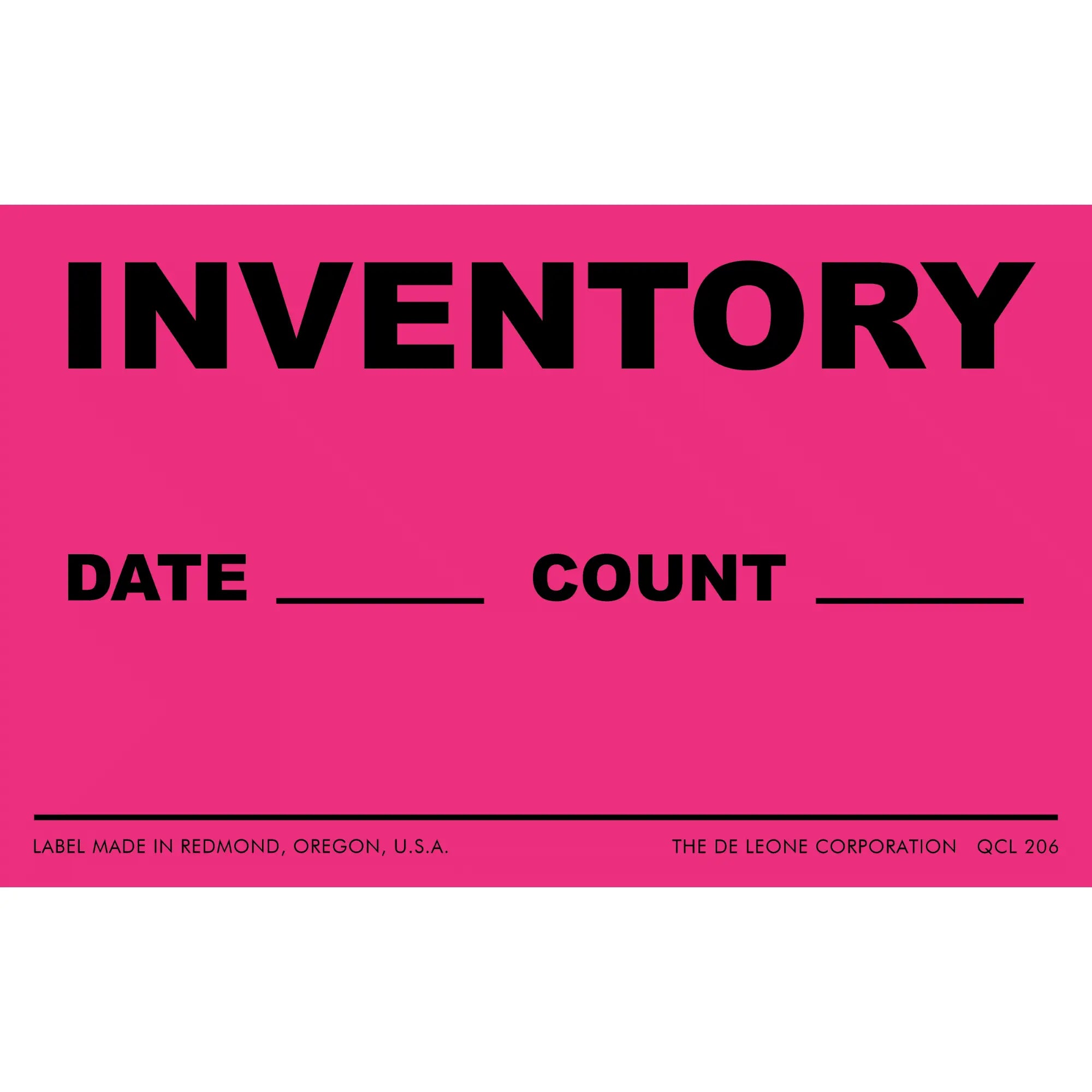 Pink inventory label with spaces for date and count information.