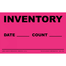 Pink inventory label with spaces for date and count information.