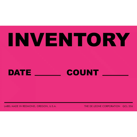 Pink inventory label with spaces for date and count information.