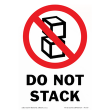 A red and black ’DO NOT STACK’ warning sign with stacked cube symbols crossed out.