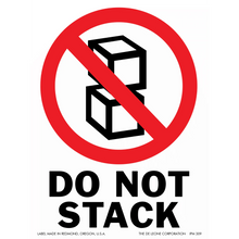 A red and black ’DO NOT STACK’ warning sign with stacked cube symbols.