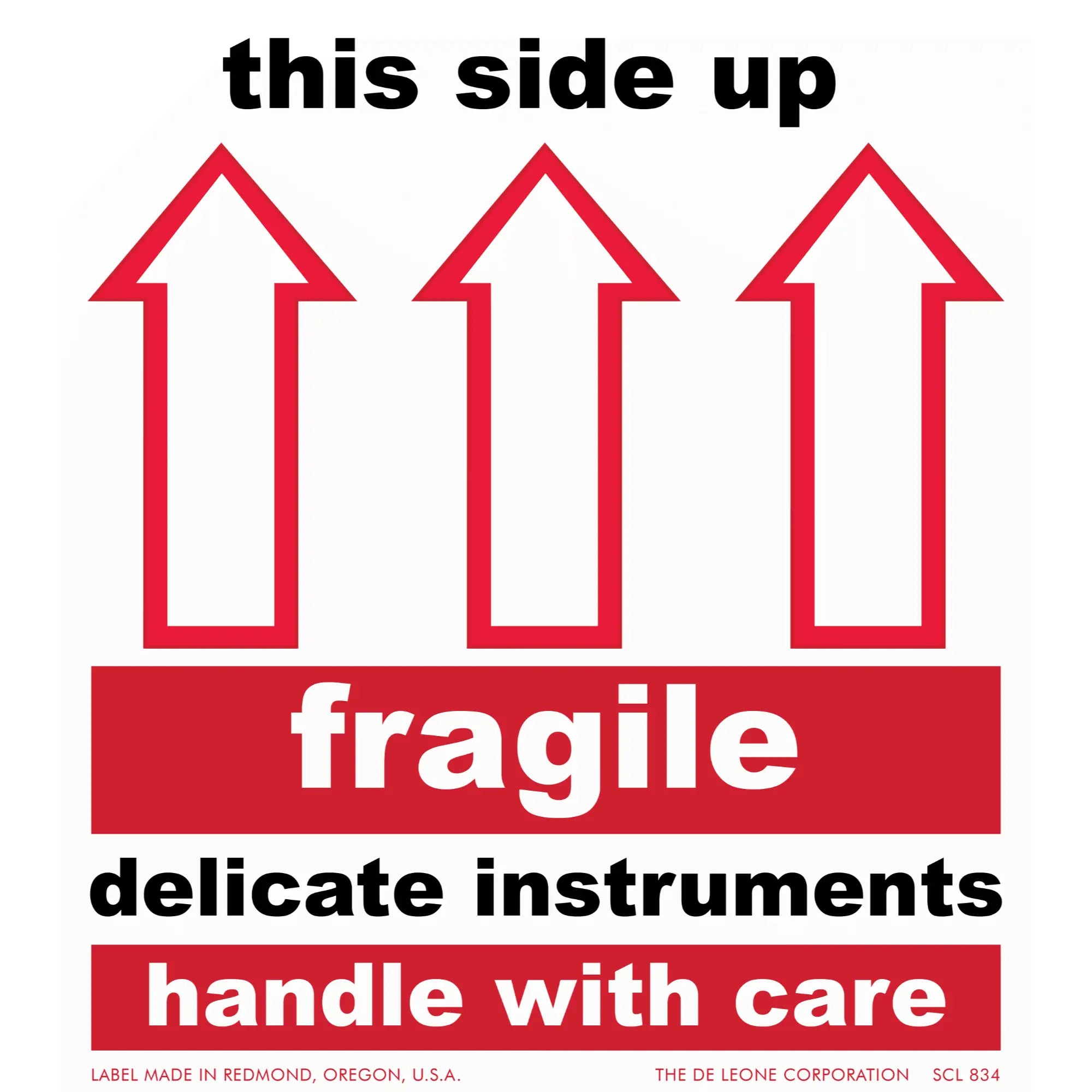 Red and black shipping label with upward arrows indicating fragile contents requiring careful handling.