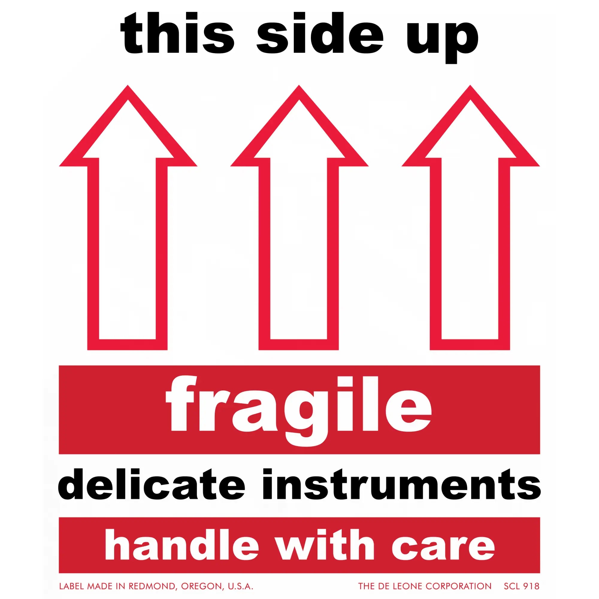 Red and black shipping label with upward arrows indicating fragile contents requiring careful handling.