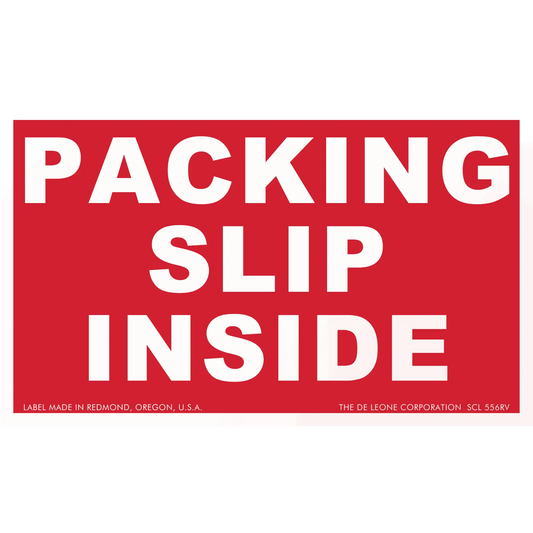 Red and white shipping label that reads ’PACKING SLIP INSIDE’