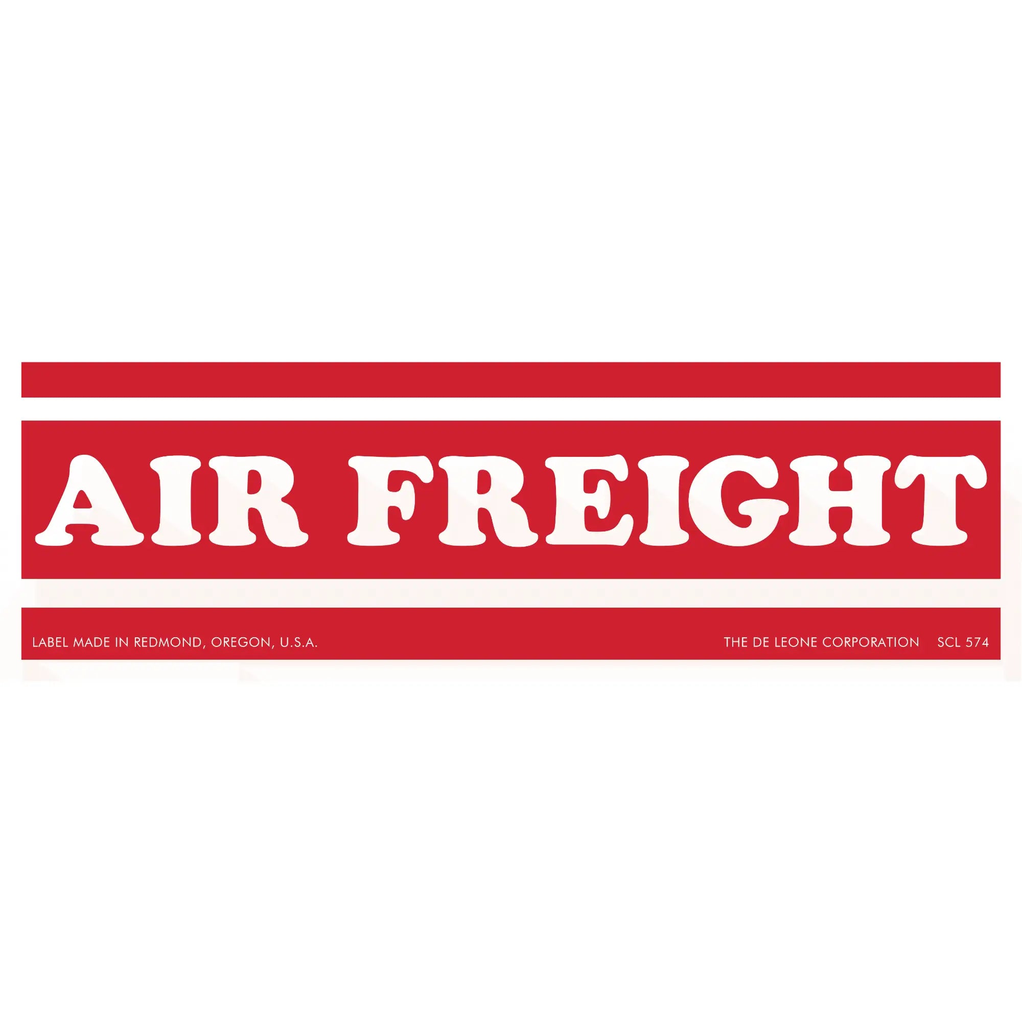Red and white ’AIR FREIGHT’ label with horizontal stripes.