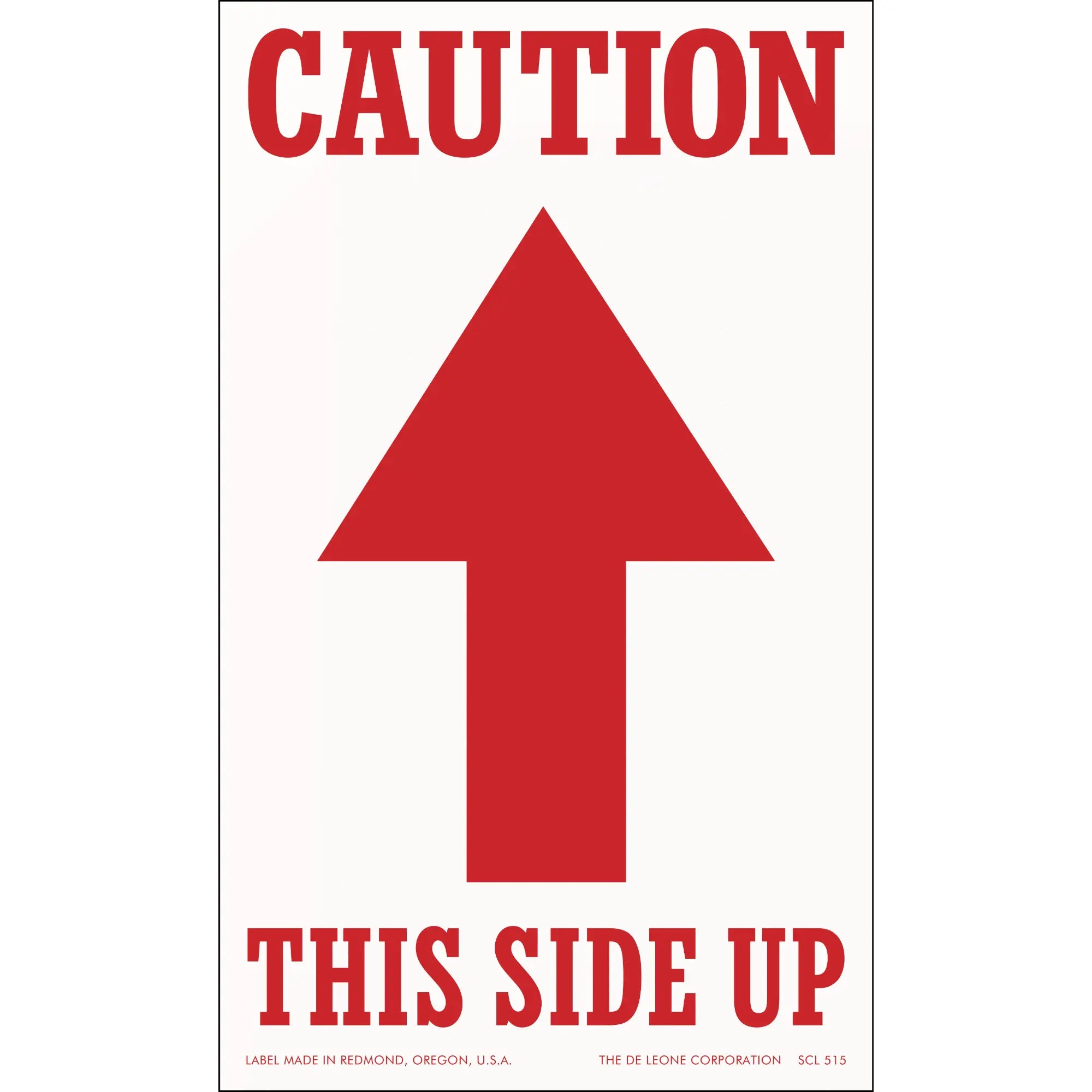 Red and white caution sign with an upward-pointing arrow and text reading ’THIS SIDE UP’