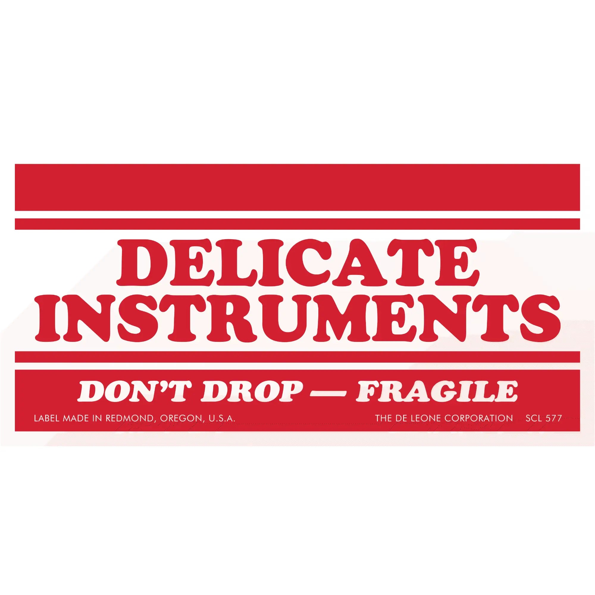 Red and white warning label for delicate instruments marked as fragile.