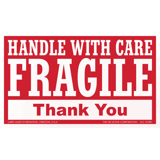 Red and white ’HANDLE WITH CARE - FRAGILE - Thank You’ shipping label.