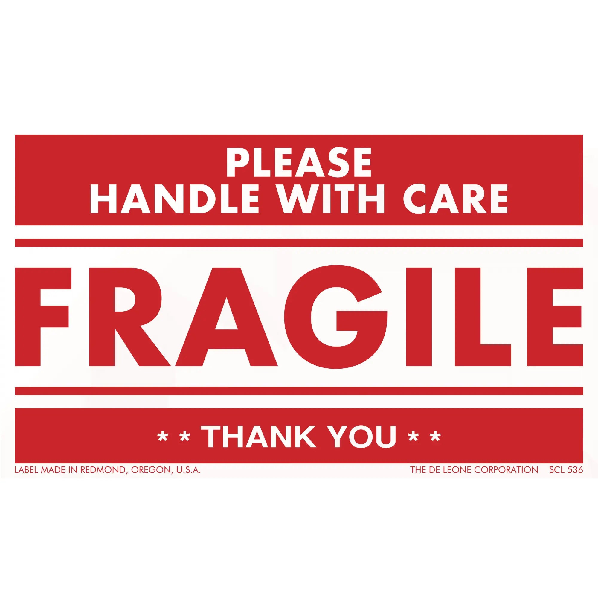 Red and white ’FRAGILE - PLEASE HANDLE WITH CARE’ shipping label.