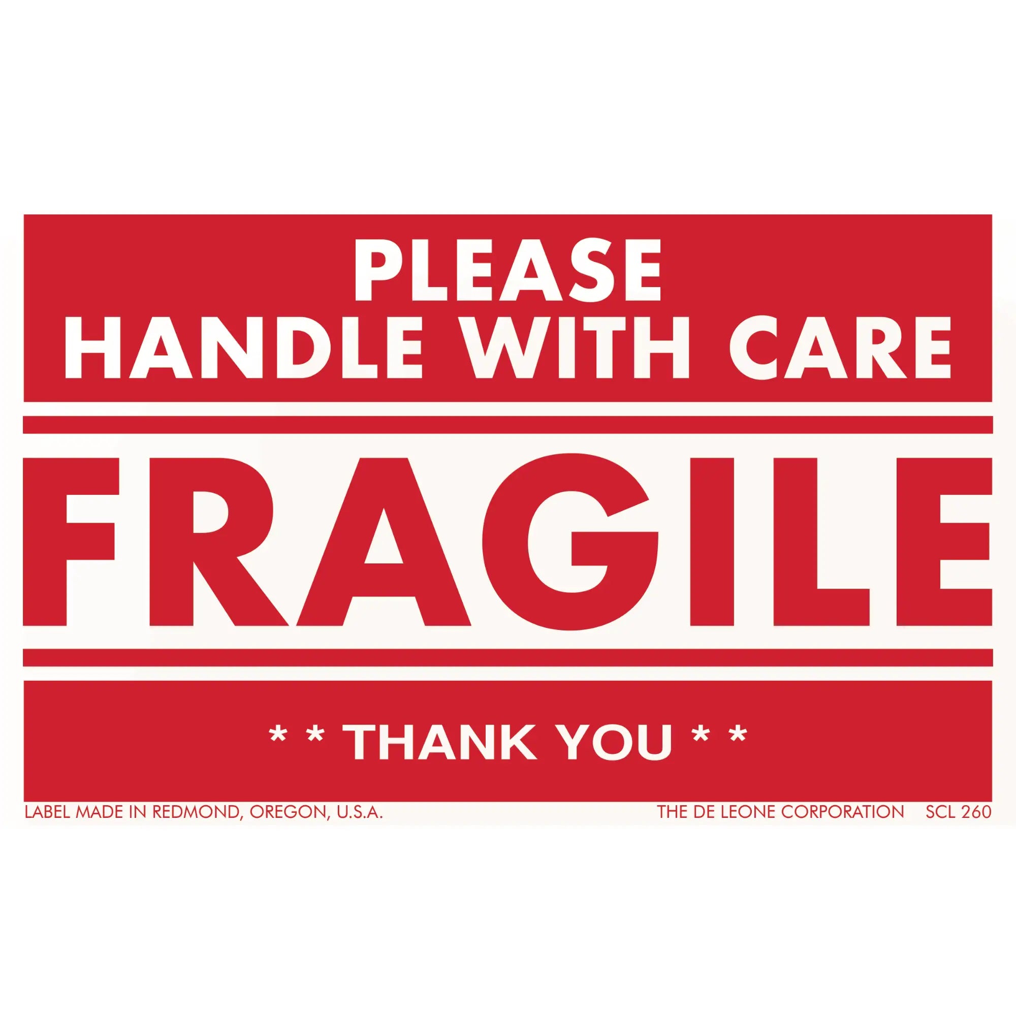 Red and white ’FRAGILE - PLEASE HANDLE WITH CARE’ shipping label.