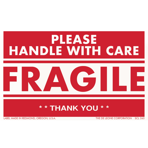 Red and white ’FRAGILE - PLEASE HANDLE WITH CARE’ shipping label.