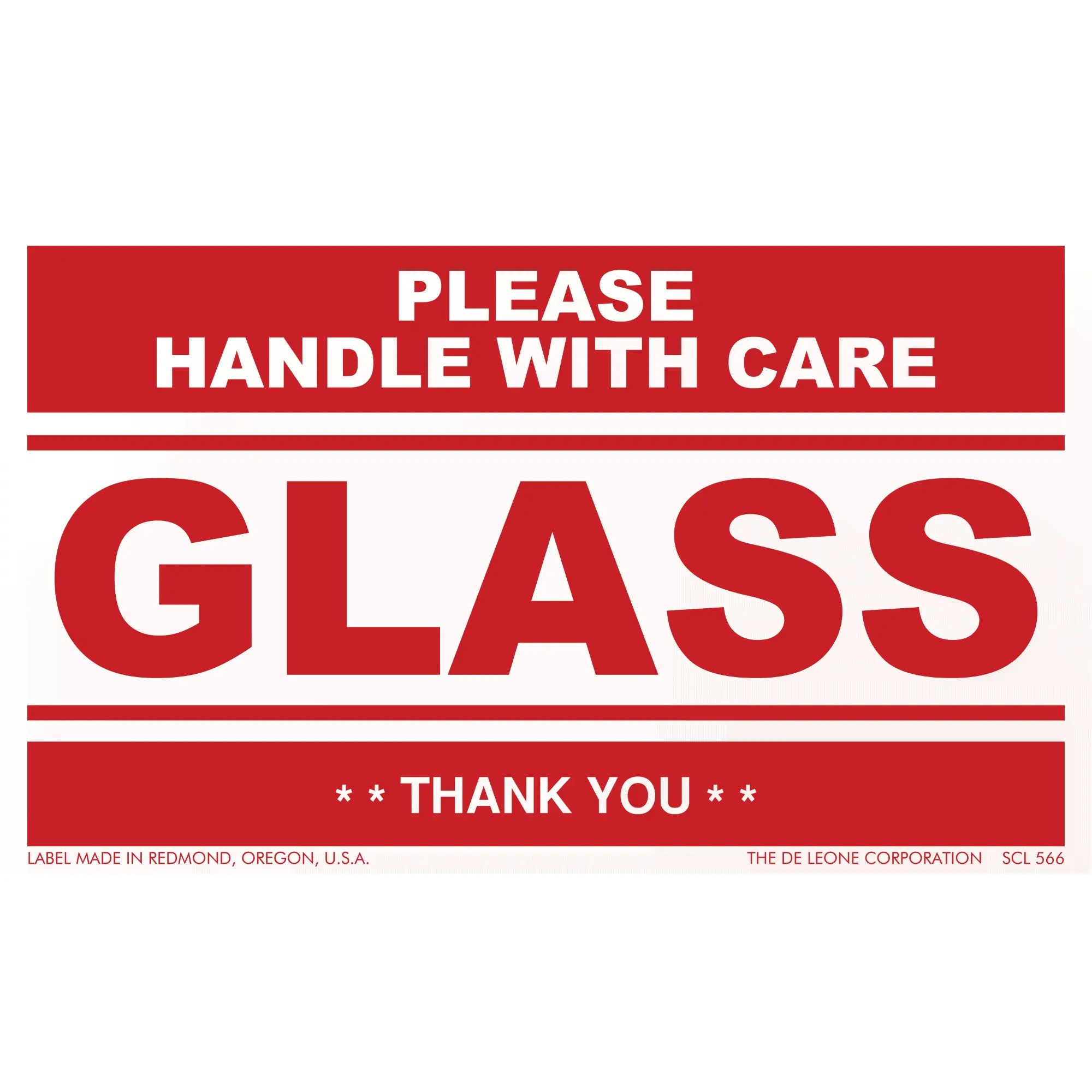 Red and white warning label for glass that reads ’PLEASE HANDLE WITH CARE’ and ’THANK YOU’