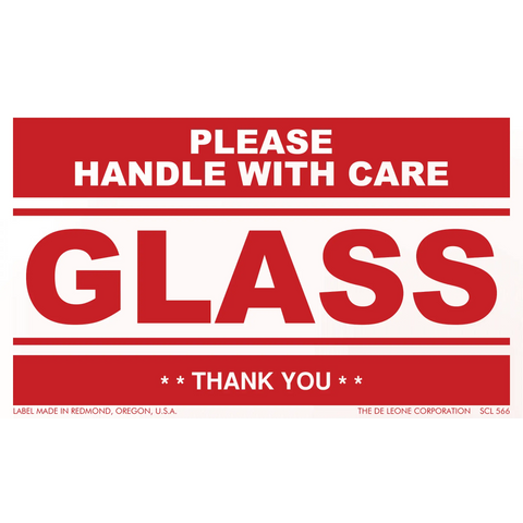 Red and white warning label for glass that reads ’PLEASE HANDLE WITH CARE’ and ’THANK YOU’