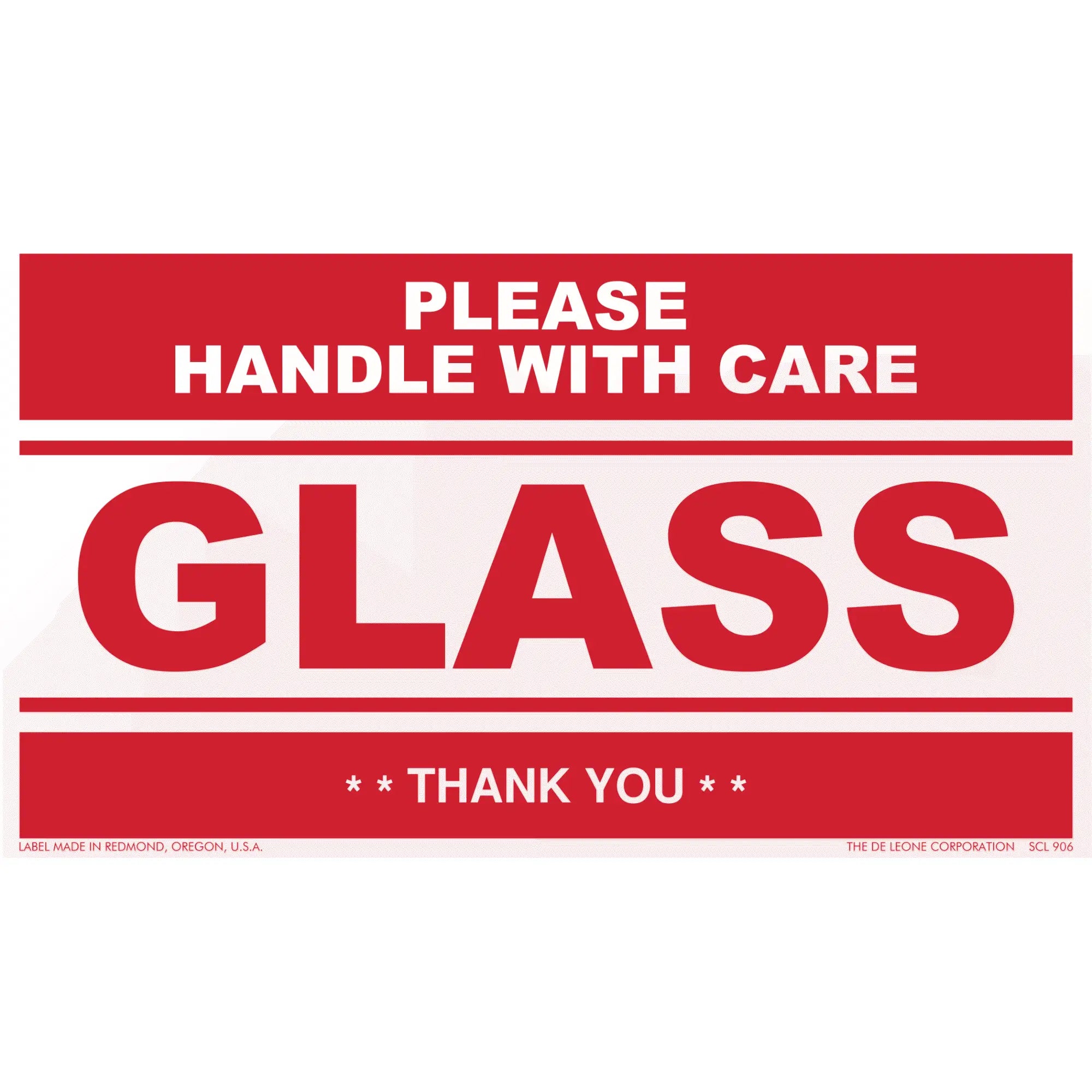 Red and white warning label for fragile glass items.